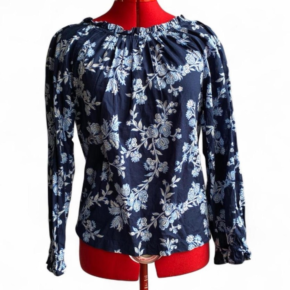 J. Crew Navy Blue Floral Long-Sleeve Peasant Blouse